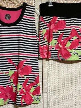bolle Black & White Striped Skirt Set with Pink Floral Accents